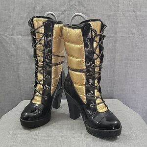 Baby Phat Gold / Black Patent Leather Puffer Lace-Up Heeled Boots 6.5